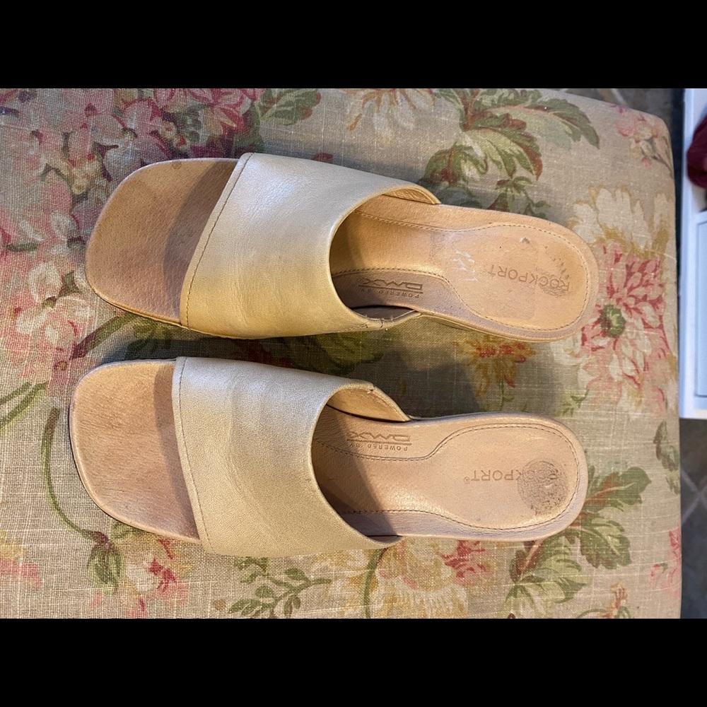 Rockport buff colored mule wedges.  Leather uppers, size 6.5